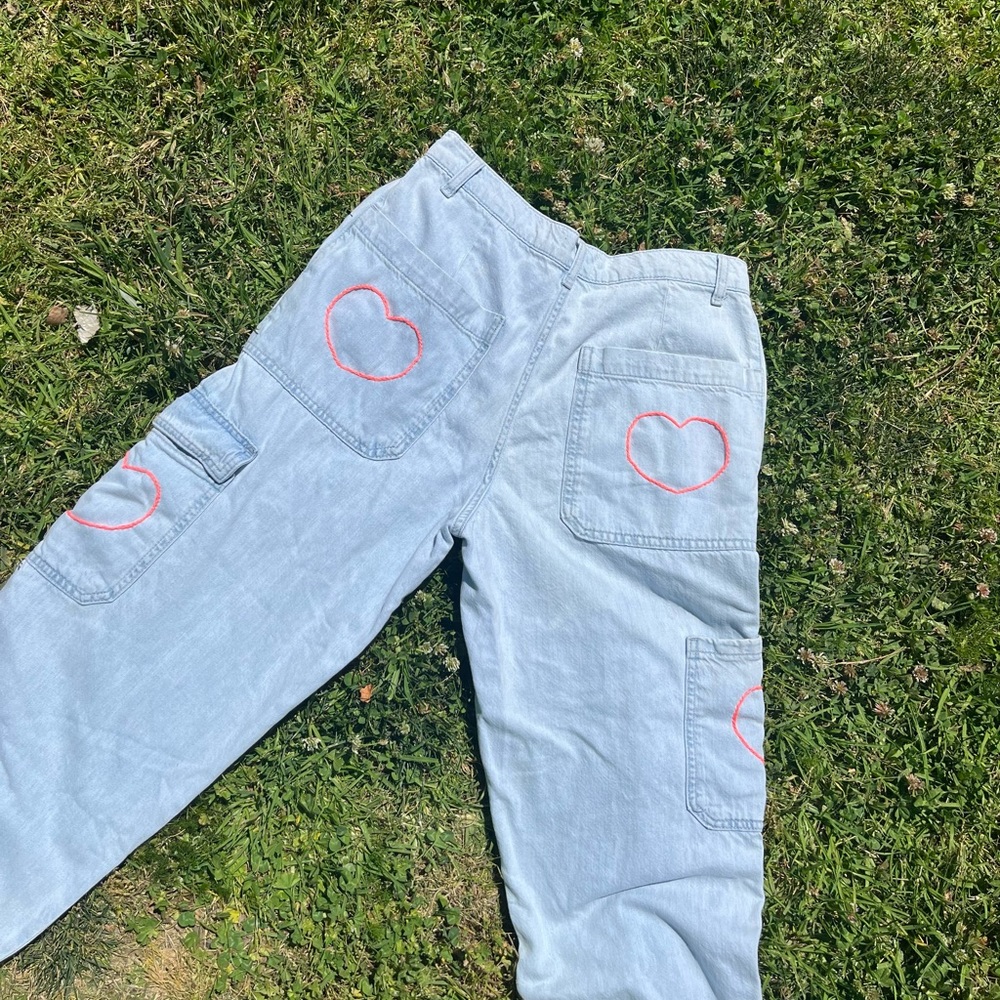 Custom 💖 neon heart embroidered cargo denim pants